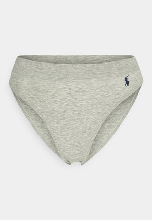 Grijze katoenen bikinionderbroek met een gladde textuur, voorzien van een brede tailleband en een klein marineblauw logo aan de linkerkant.