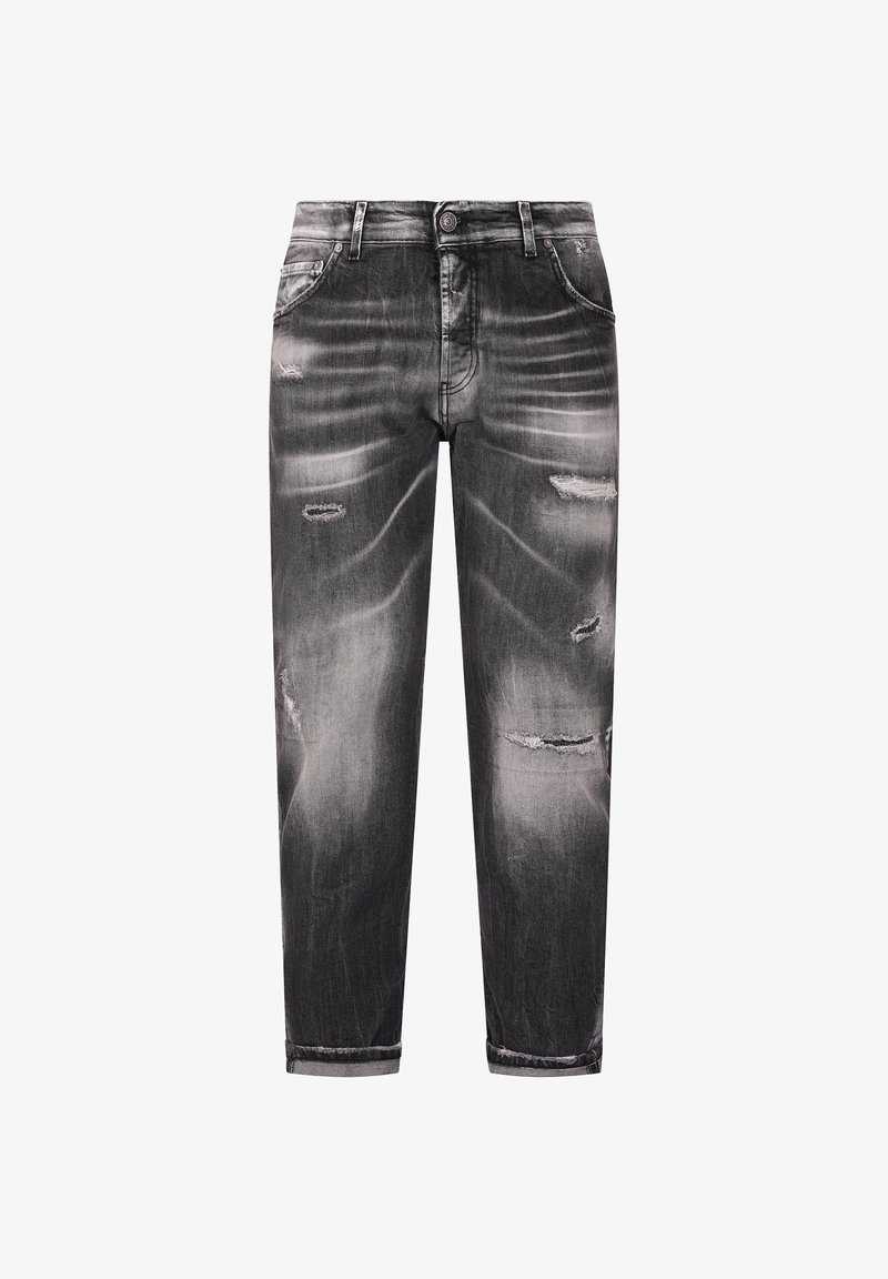 Pantalones vaqueros de mezclilla negra deslavada con roturas desgastadas y puños enrollados, con bolsillos delanteros y cierre de botones.