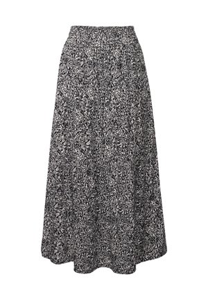 Floral-patterned maxi skirt in black and white, featuring a smocked waistband and flowing design, made from lightweight fabric.