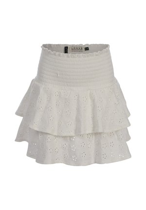 White tiered mini skirt with smocked waistband and eyelet floral pattern lace fabric.