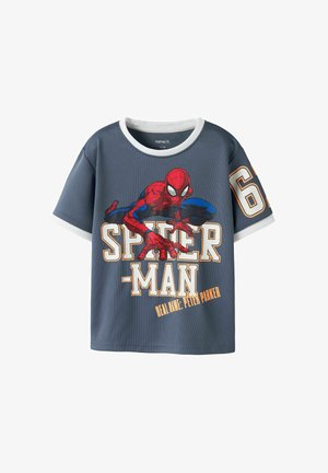 Dziecięca szara koszulka z krótkim rękawem z grafiką Spider-Mana w pozycji kucającej oraz tekstem "SPIDER-MAN" i "PRAWDZIWE IMIĘ: PETER PARKER" na przodzie.