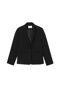 Blazer noir avec un design de col classique, fermeture à un bouton, deux poches avant et une doublure intérieure lisse. Coupe ajustée.