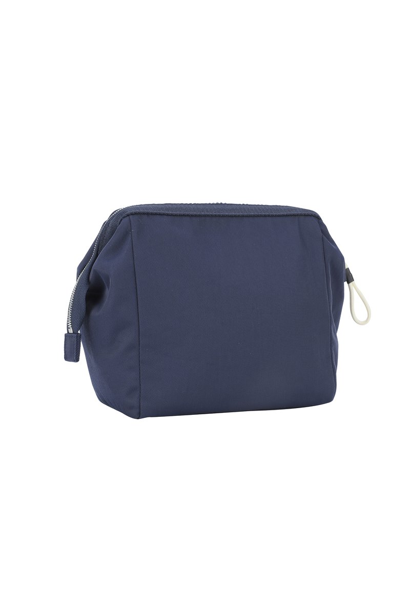 Rechteckige navyblaue Stofftasche mit einem Reißverschluss oben und einem Stoff-Schlaufenzugband auf einem weißen Hintergrund.