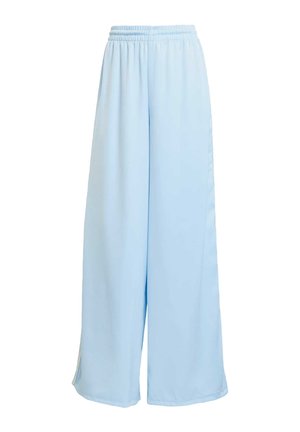 Pantalons larges bleu clair avec taille élastique et fentes sur les côtés, fabriqués en tissu lisse adapté pour un usage décontracté.