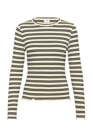 Kreemikas ja musta värvi triibuline pikki varrukatega pluus, sooniktekstuur, ümar kaelus, laineline ääreosa, kitsas lõige.