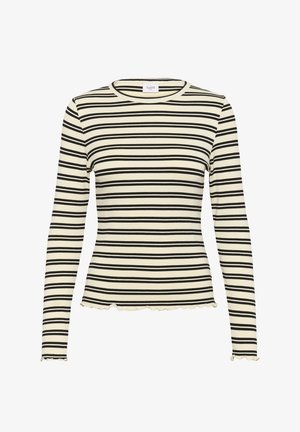 Kreemikas ja musta värvi triibuline pikki varrukatega pluus, sooniktekstuur, ümar kaelus, laineline ääreosa, kitsas lõige.