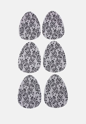 Adesivos de tecido em formato de ovo, com padrão floral em renda preta, apresentando seis peças dispostas em duas filas de três.