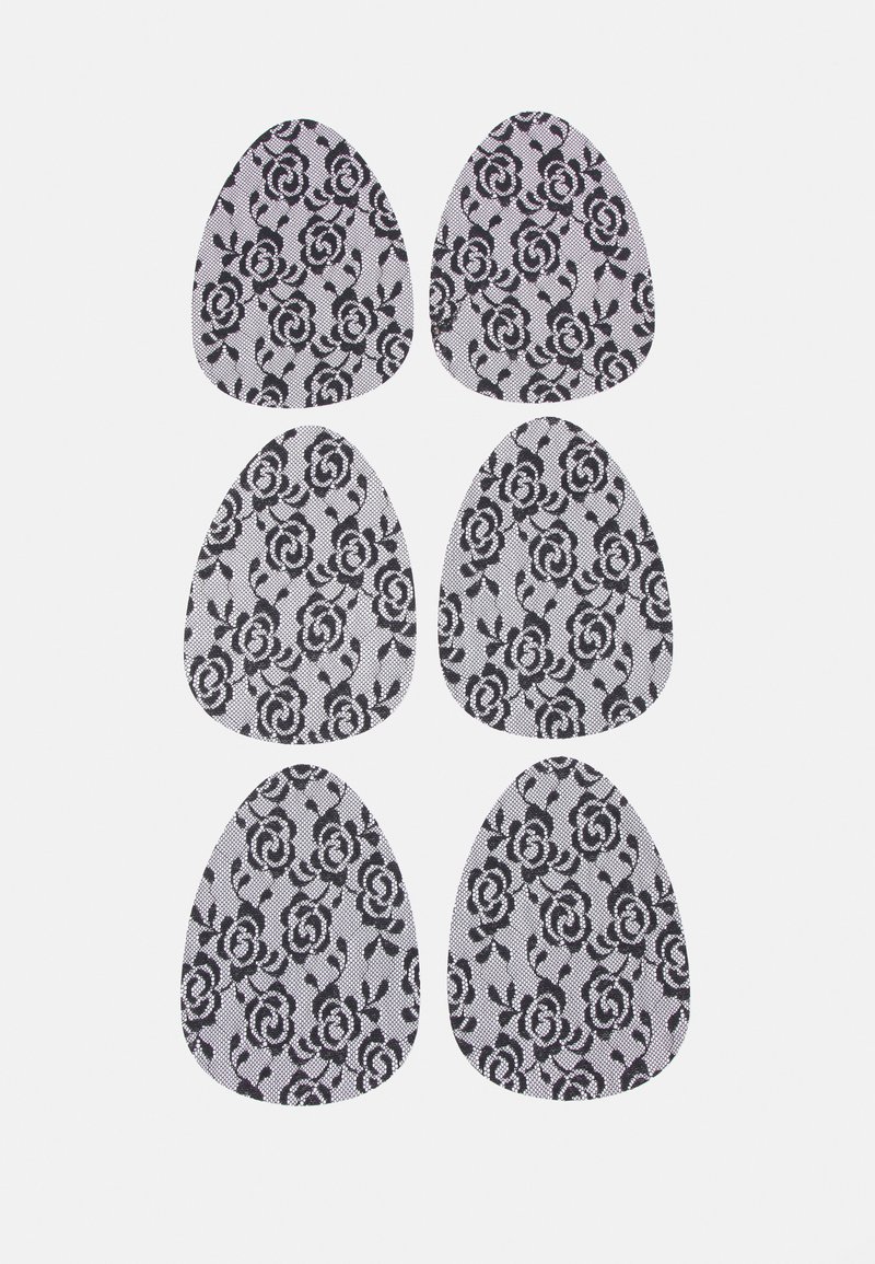 Adesivos de tecido em formato de ovo, com padrão floral em renda preta, apresentando seis peças dispostas em duas filas de três.