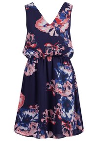 Robe sans manches bleu marine avec un décolleté en V, une taille élastique et un motif floral en rose, rouge et bleu. Tissu léger et fluide.
