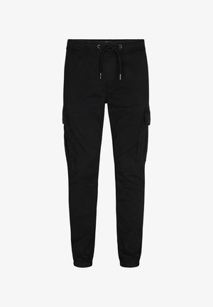 Schwarze Cargo-Hosen aus Baumwollmischung mit elastischem Bund und Kordelzug, seitlichen Cargo-Taschen und elastischen Bündchen.