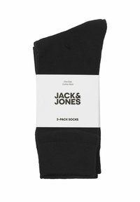 Schwarze Baumwollsocken im Dreierpack. Bietet ein schlichtes Design mit sanfter Textur und einem Etikett, das Marke und Größe angibt.