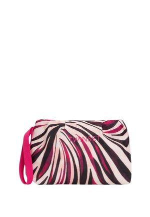 Pochette in tessuto a righe zebrato rosa e nero con cinturino da polso e logo "TWINSET" ricamato sul davanti.