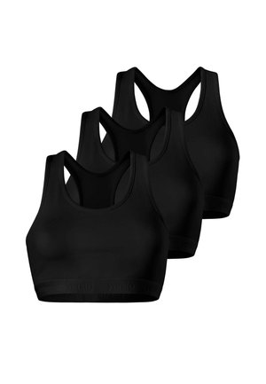 Three black racerback sports bras stacked diagonally on a white background, showing front and back views.