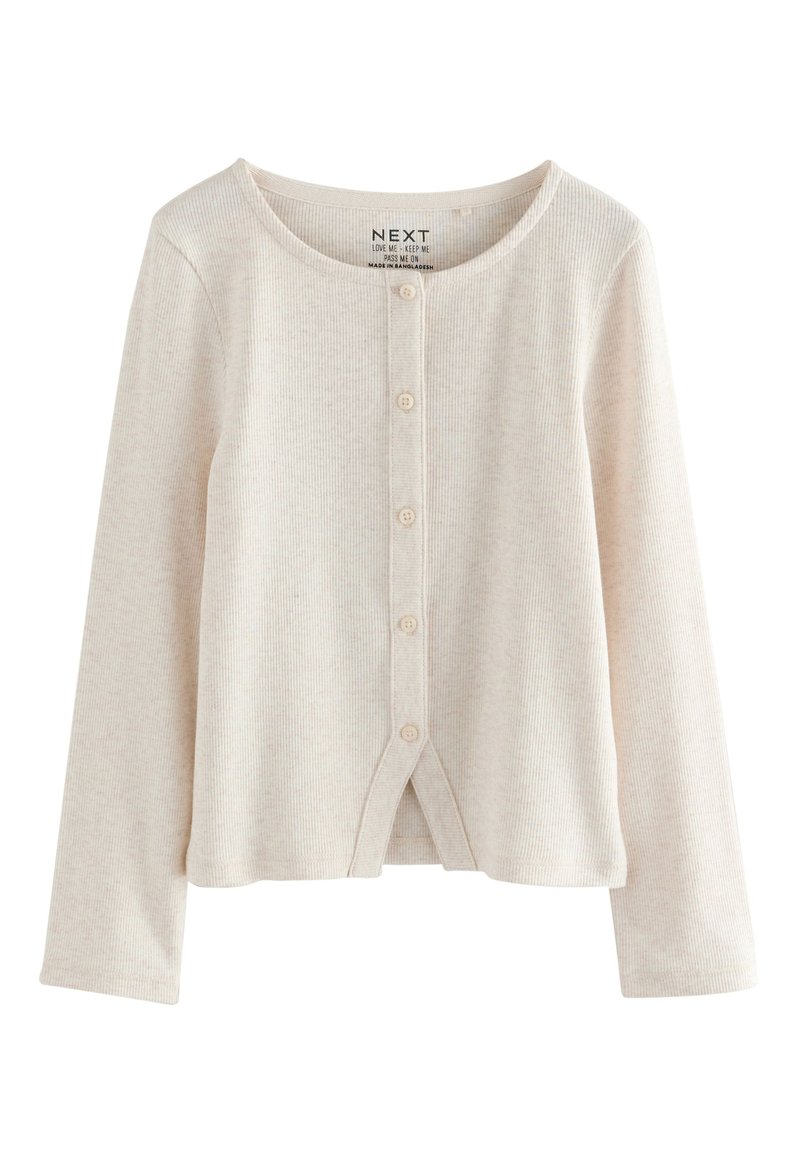 Cardigan beige côtelé à manches longues avec un col arrondi, une fermeture boutonnée à l'avant, et un ourlet légèrement incurvé à la taille.