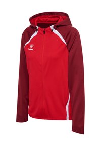Rode en kastanjebruine zip-up hoodie met witte accenten; vervaardigd van textuurstof, met een logo en trekkoord in de capuchon.