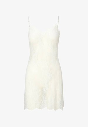 Hvid blondeslipkjole med justerbare spaghetti-stropper og bølgede kanter, med et blomsterblonde-mønster gennem hele.