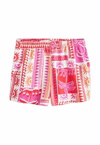 Ružové, červené a oranžové kraťasy so vzorom, elastickým pásom, s motívmi slnka a vĺn v blokovom dizajne na bielom pozadí.