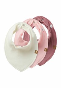 Dreier-Set Baumwoll-Lätzchen in Weiß, Rosa und Burgunder. Strukturiertes Rippmaterial mit Druckknöpfen und kleinen Lederetiketten auf jedem Lätzchen.