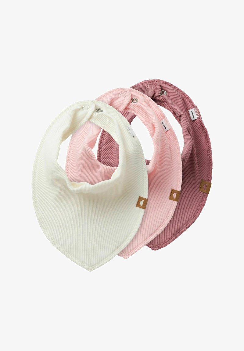 Dreier-Set Baumwoll-Lätzchen in Weiß, Rosa und Burgunder. Strukturiertes Rippmaterial mit Druckknöpfen und kleinen Lederetiketten auf jedem Lätzchen.