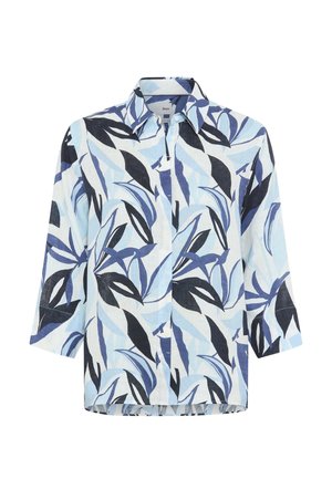 Camicia a maniche lunghe con bottoni, motivo astratto di foglie blu, nere e bianche e collo classico.