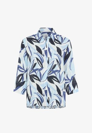 Langärmliges Hemd mit Knopfleiste, blauem, schwarzem und weißem abstraktem Blattmuster und klassischem Kragen.