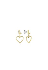 Orecchini in metallo dorato a forma di cuore con un design pendente, fissati da un attacco a perno con un piccolo accento di marca.