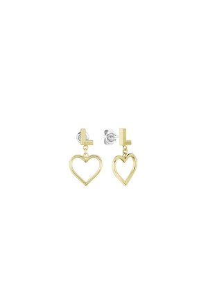 Orecchini in metallo dorato a forma di cuore con un design pendente, fissati da un attacco a perno con un piccolo accento di marca.