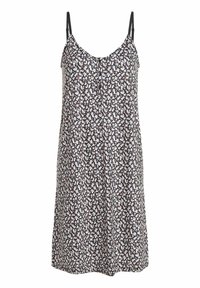Robe noire à motif floral avec des bretelles fines réglables, motif floral en blanc, rose et rouge, en tissu léger, design à mi-jenou, coupe décontractée.