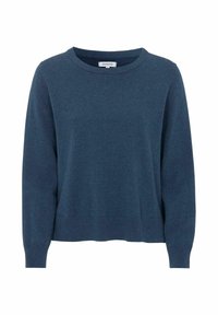 Tumma sininen villapaita, jossa on pitkät hihat, taitettu pyöreä kaula-aukko ja helma. Valmistettu sileästä neuloksesta, jossa on rento istuvuus ja yksinkertainen muotoilu.