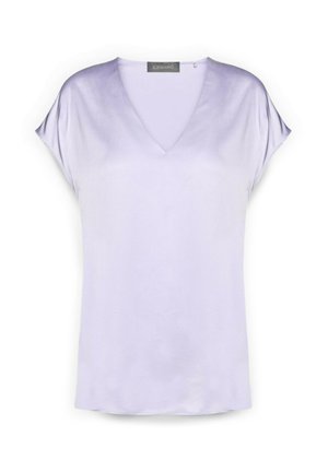 Kurzärmelige Lavendelfarbe Bluse mit V-Ausschnitt und lockerem Sitz, gefertigt aus glattem, leichtem Stoff.