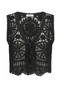 Gilet in pizzo nero con intricati motivi all'uncinetto, dotato di scollatura a V, apertura frontale e chiusura con laccetto. L'orlo è ondulato per un tocco di dettaglio aggiuntivo.