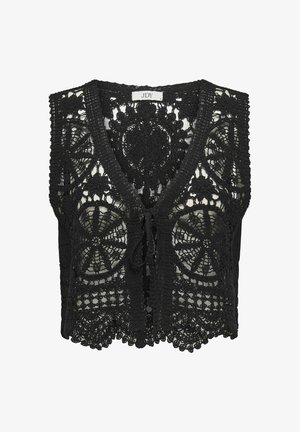 Gilet en dentelle noire avec des motifs de crochet délicats, présentant un col en V, une ouverture devant et une fermeture à nouer. L'ourlet est festonné pour une touche de détail supplémentaire.