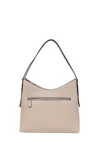 Borsa a tracolla in morbida pelle beige con una superficie liscia, dotata di una tasca frontale con zip e di una tracolla curvata.