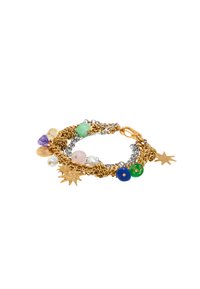 Bracciale in catena d'oro e argento con perline colorate assortite, tra cui viola, verde, blu e bianco, con charm a forma di stella come accentuazione.