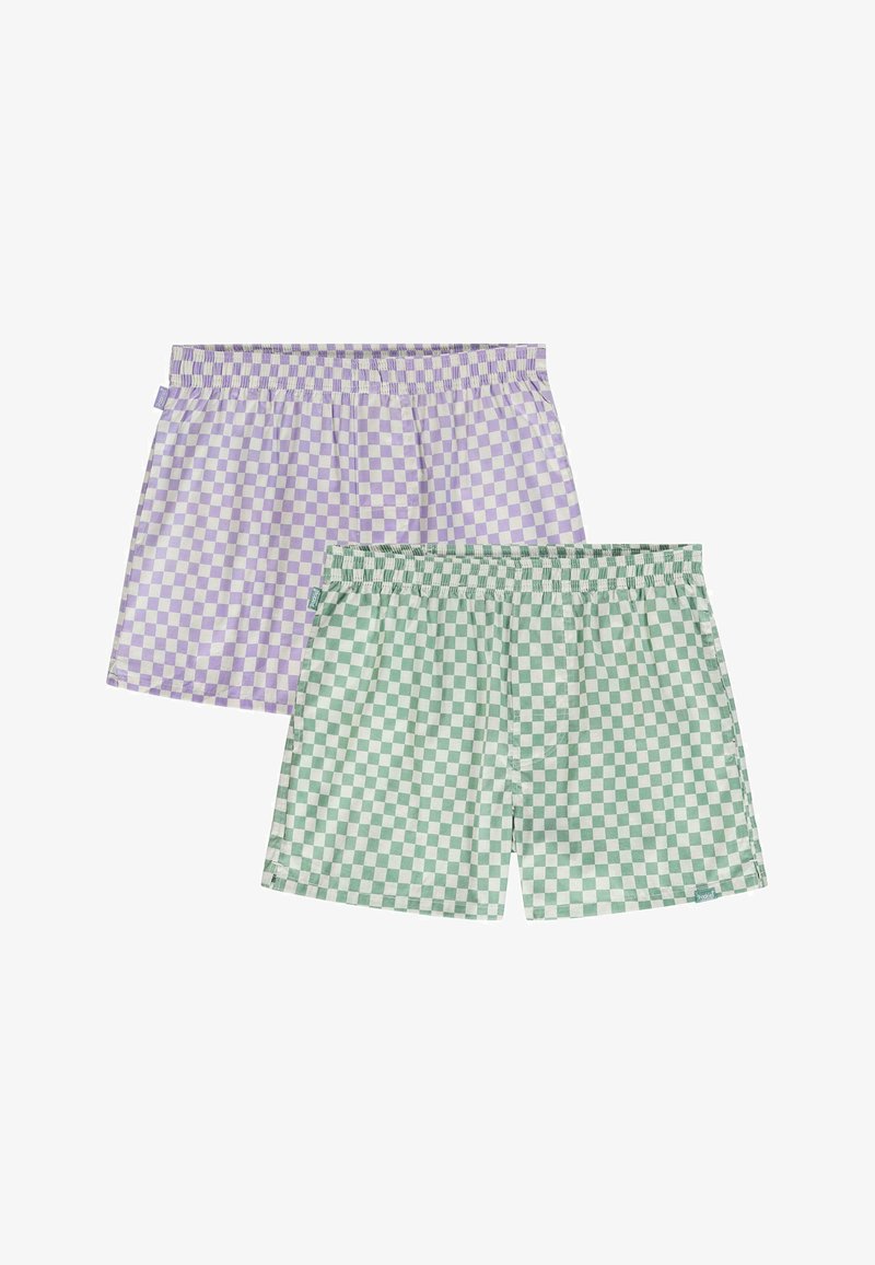 Două perechi de boxeri cu carouri, una în lavandă și alb, iar cealaltă în verde și alb, cu talie elastică și material moale.