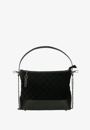 Sac en velours matelassé noir avec un fond en cuir lisse, doté d'une bandoulière chaîne amovible et d'une fermeture éclair. Forme rectangulaire avec une poignée étroite.