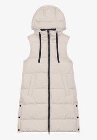 Ermeløs beige puffer vest med hette, glidelås foran og svarte snorer. Har sidelommer og en kviltet tekstur.