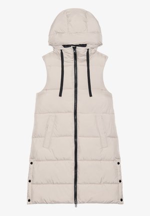 Gilet matelassé beige sans manches avec capuche, fermeture éclair à l'avant et cordons de serrage noirs. Dispose de poches latérales et d'une texture matelassée.