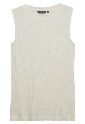 Cream-colored sleeveless ribbed knit top with round neckline and small size label inside collar.