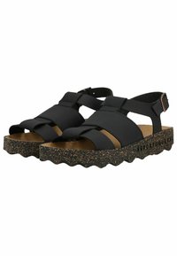 Sandales noires à bout ouvert avec larges brides, boucle réglable, semelle épaisse ondulée à texture liège et semelle intérieure rembourrée.