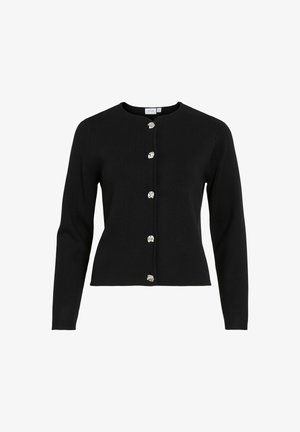 Cardigan nero con maniche lunghe, scollo tondo e bottoni decorativi a forma di foglia argentata lungo il davanti. Tessuto a maglia, design aderente.
