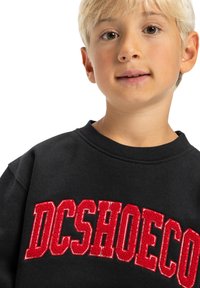 Sudadera negra con un destacado logo bordado en rojo "DCSHOECO" en el pecho; cuello redondo, textura suave, ajuste casual.