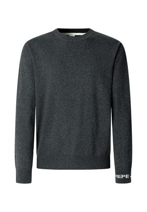 Pull en tricot gris foncé avec un col rond, des manches longues, des poignets côtelés et un logo de marque contrastant à l'ourlet. Texture lisse sur l'ensemble.