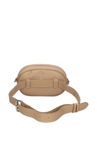 Borsa a tracolla in pelle beige con forma arrotondata, chiusura con cerniera e tracolla regolabile. Texture liscia con dettagli di cucitura sottili.