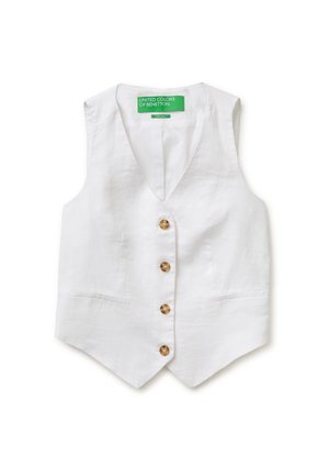Weiße ärmellose Leinenweste mit vier braunen Knöpfen und zwei vorderen aufgesetzten Taschen, mit dem Label United Colors of Benetton.