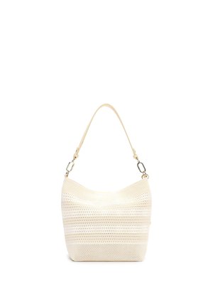 Cremefarbene Schultertasche aus perforiertem Leder mit einem einzelnen Riemen und Verschlüssen in Silberoptik.