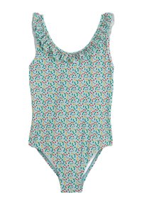 Un maillot de bain une pièce avec un fond bleu clair, un col à volants et un motif coloré de feuilles et de baies tout au long.