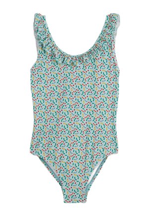 Un maillot de bain une pièce avec un fond bleu clair, un col à volants et un motif coloré de feuilles et de baies tout au long.