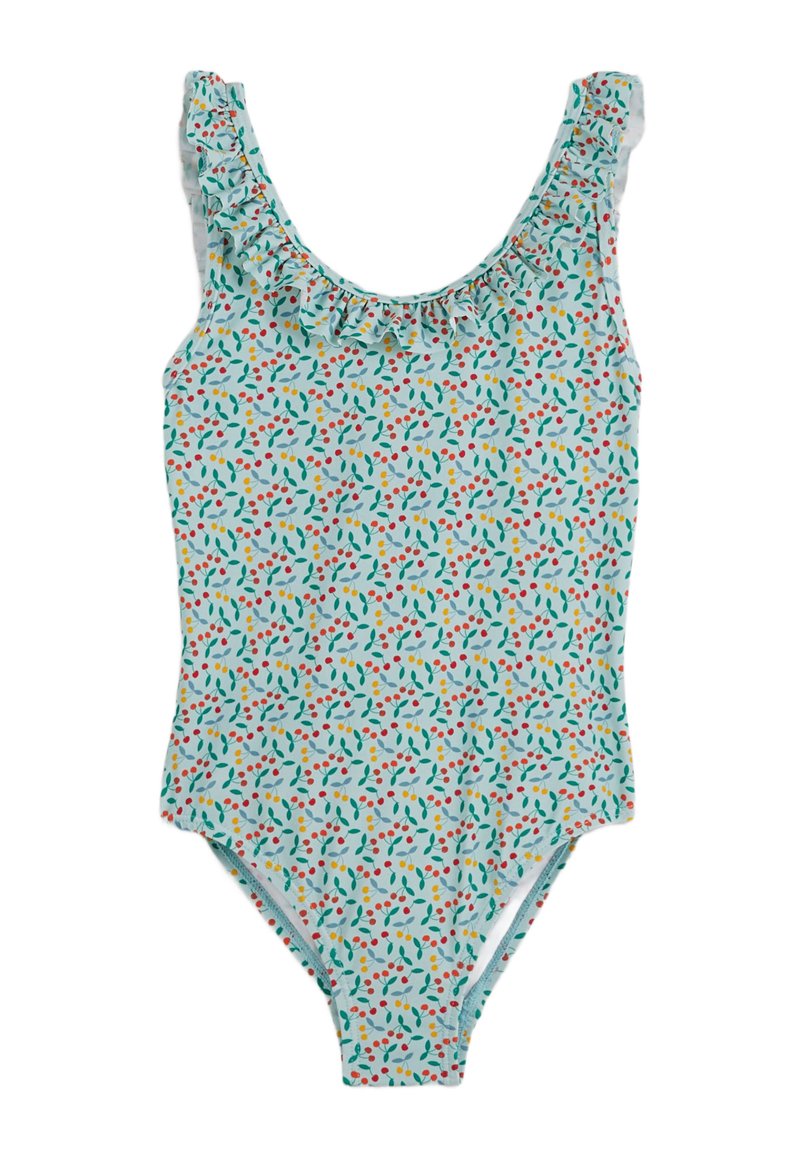 Un maillot de bain une pièce avec un fond bleu clair, un col à volants et un motif coloré de feuilles et de baies tout au long.