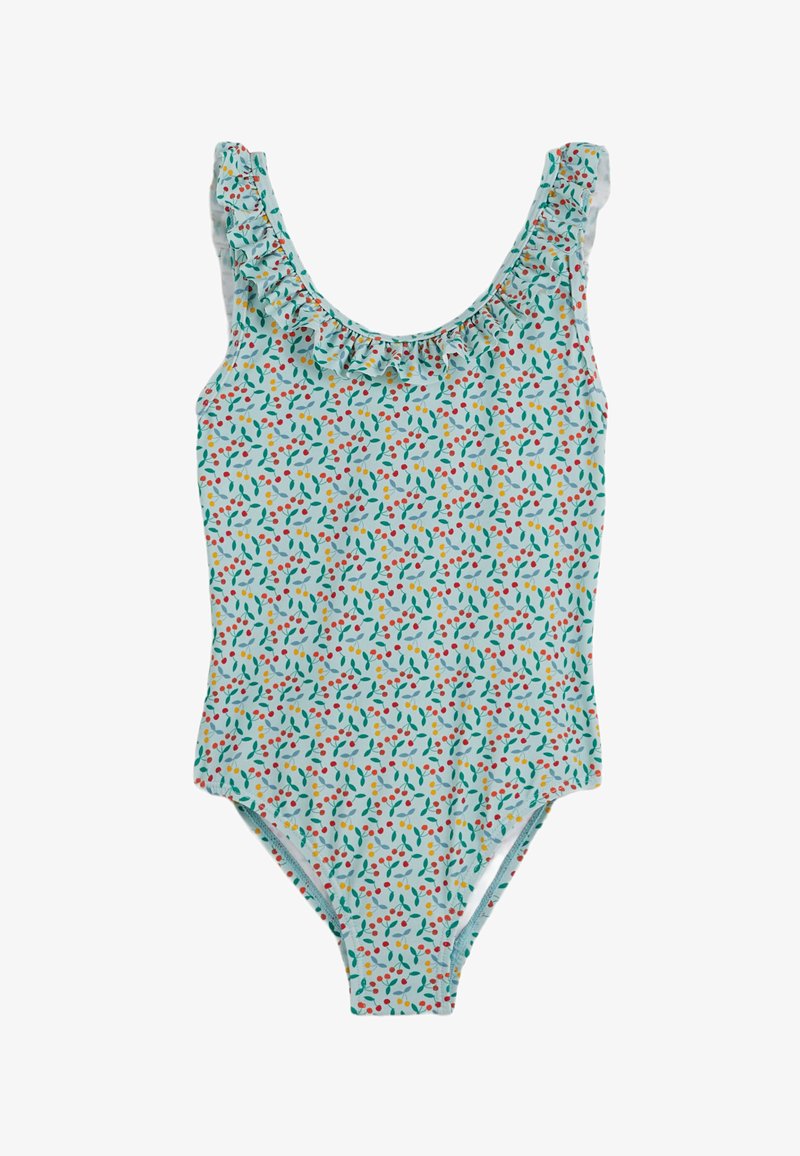 Un maillot de bain une pièce avec un fond bleu clair, un col à volants et un motif coloré de feuilles et de baies tout au long.